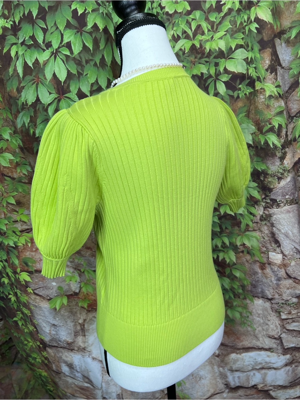 TED BAKER Chartreuse Green Rib Knit Fitted Puffy Sleeve Crewneck Sweater, 0/XS - Picture 7 of 13